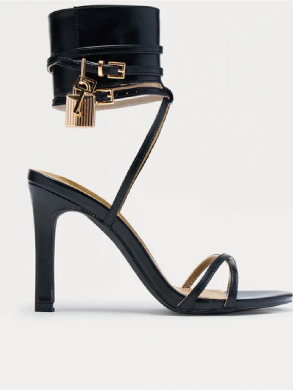 Fashion Nova Black Strappy Ankle-Cuff High Heel Sandals with Gold Charm